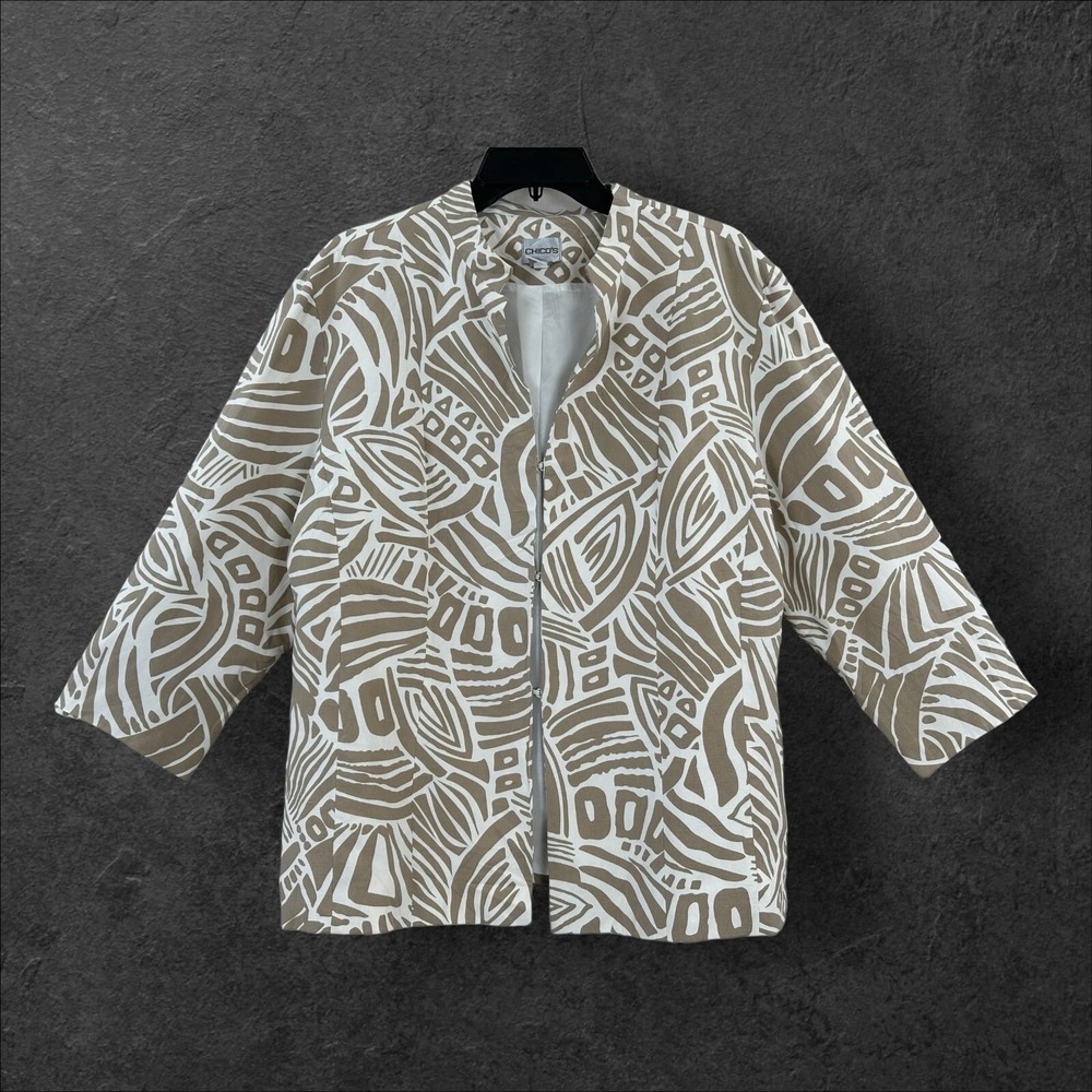 Chico's Silk Linen Jacket Womens XL Size 3 Beige & White Boho Blazer Fully Lined